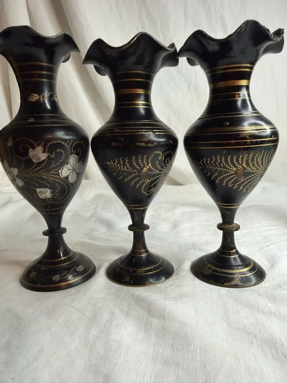 Vintage Hand-Etched Brass Bud Vases - Set of 3